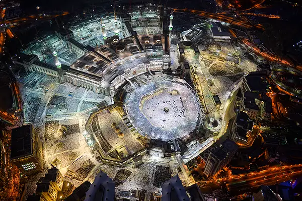 Pilgrims performing Tawaf around the Kaaba in Masjid al-Haram, Makkah